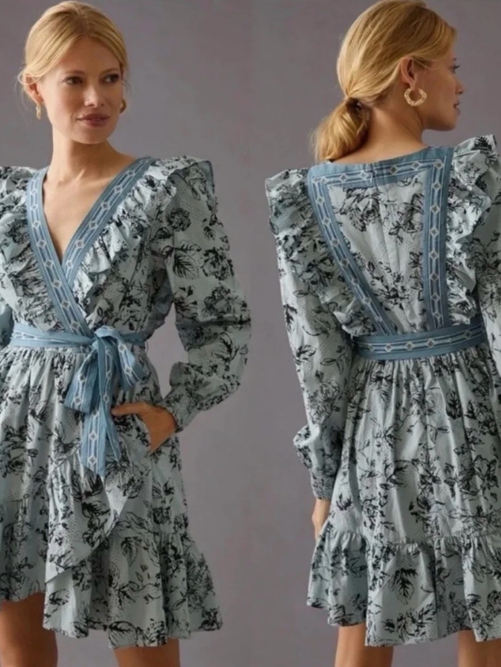 Anthropologie Light Blue Floral Ruffle Wrap Mini Dress